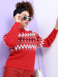 Tokyo Talkies Women Red & White Fair Isle Jacquard Pullover