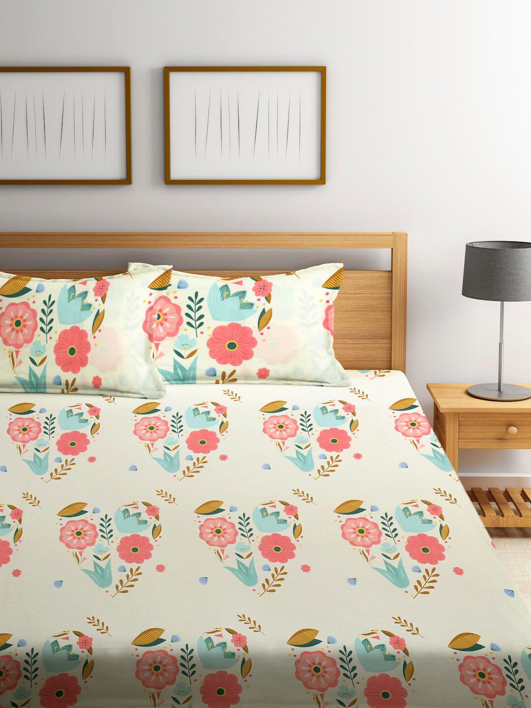 KLOTTHE White &amp; Pink Printed 300 TC Double King Dipasang Cadar Dengan 2 Sarung Bantal