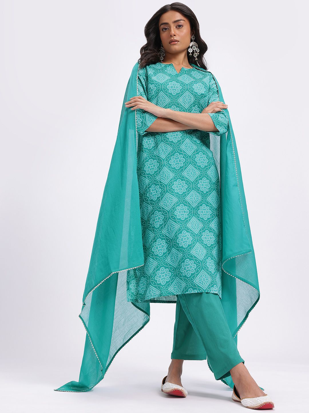 Anouk Bandhani Printed Gotta Patti Cotton Kurta with Trousers & With Dupatta