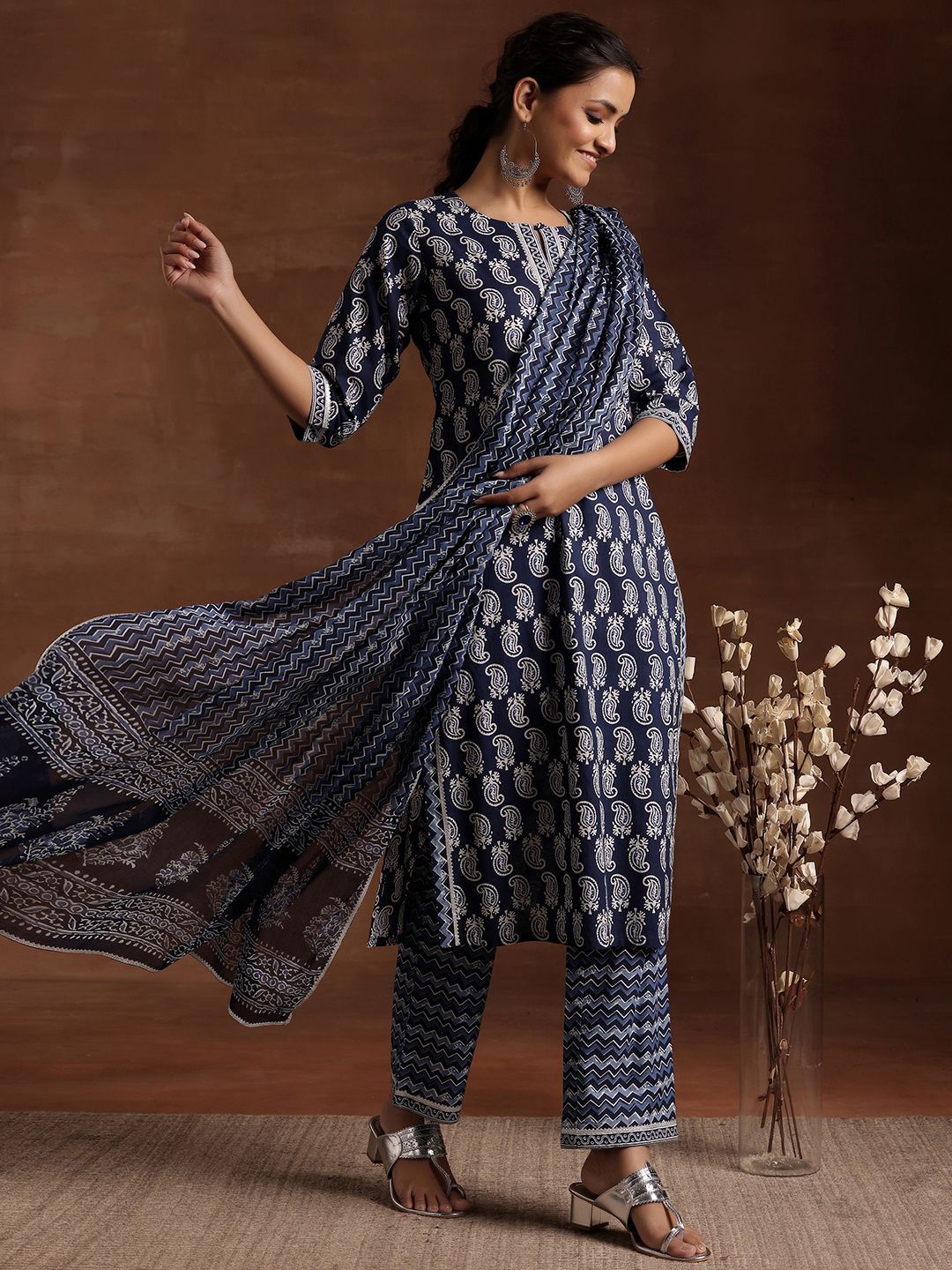 Libas Printed Regular Gotta Patti Pure Cotton Straight Kurta with Trousers & Dupatta