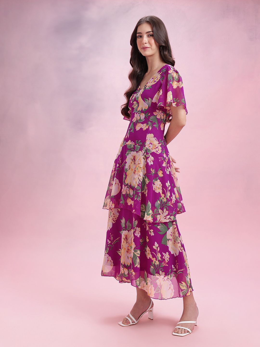 DressBerry Floral Print Flared Sleeve Layered A-Line Maxi Dress