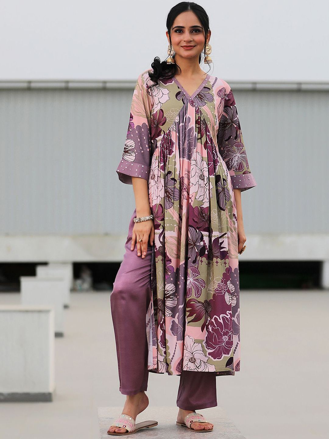 Libas V Neck Flared Sleeves Floral Printed Pleated A Line Kurta with Trouser