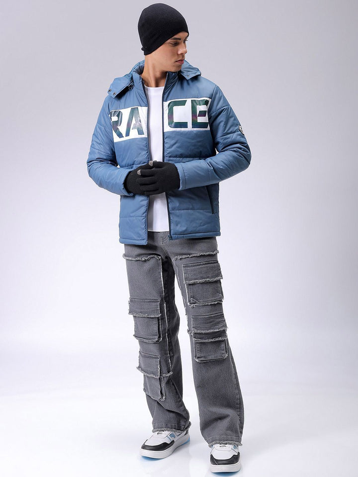 The Indian Garage Co Men Blue Reflective Print Detachable Hood Padded Jacket