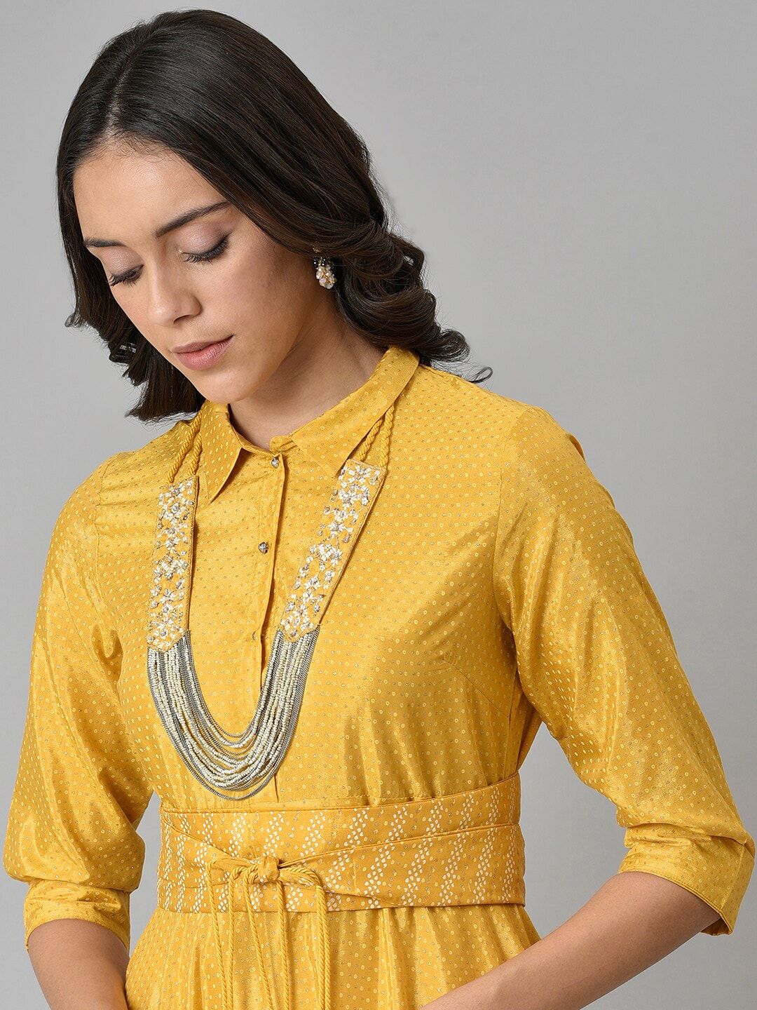 W Yellow Ethnic Motifs Tie-Up Neck Ethnic Midi Dress