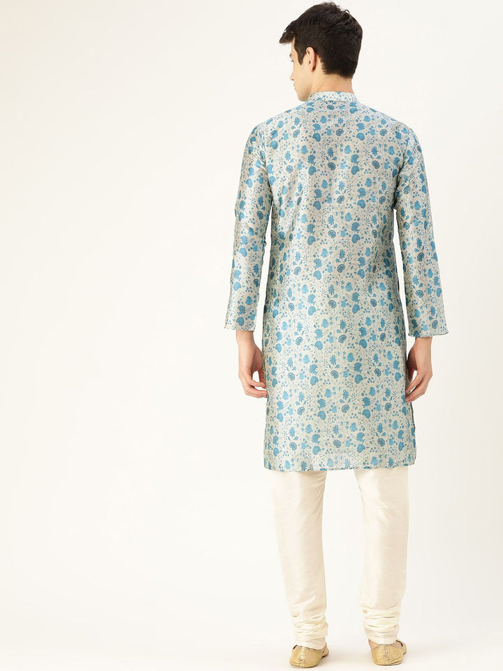 SOJANYA Lelaki Grey & Blue Floral Print Angrakha Straight Kurta