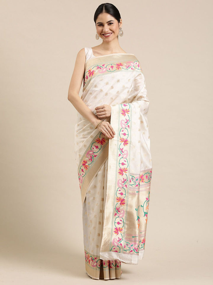 Saree mall Off White Solid Silk Blend Banarasi Sarees