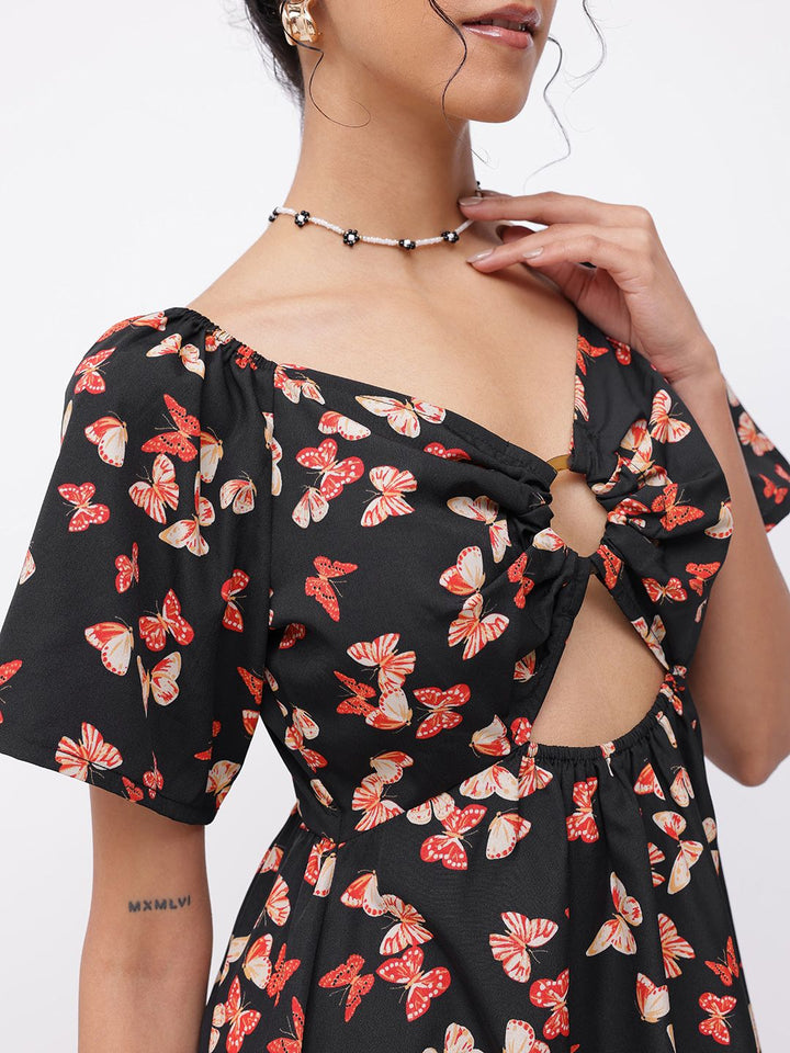 DressBerry Glowing Papillon Print Cut-Out Dress