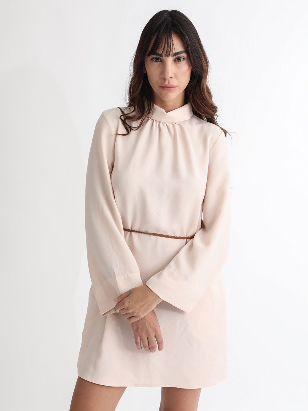 RAREISM High Neck Flared Sleeves A-Line Formal Dress With Suede Corded Belt