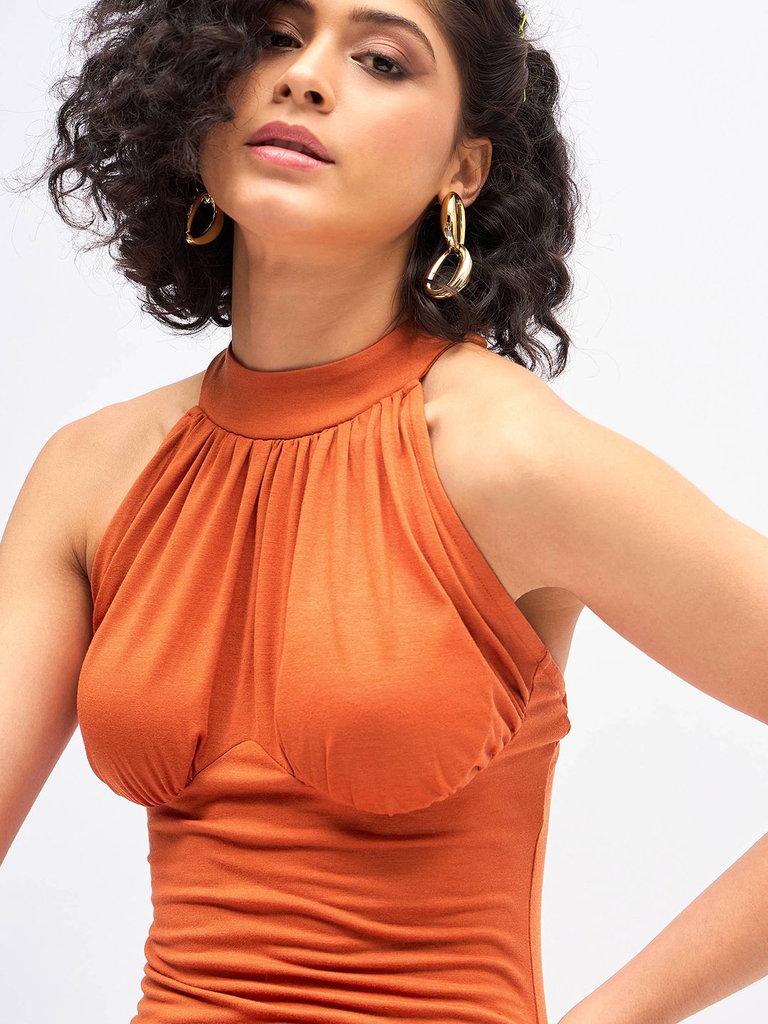 SASSAFRAS Rust High Neck Sheath Midi Dress
