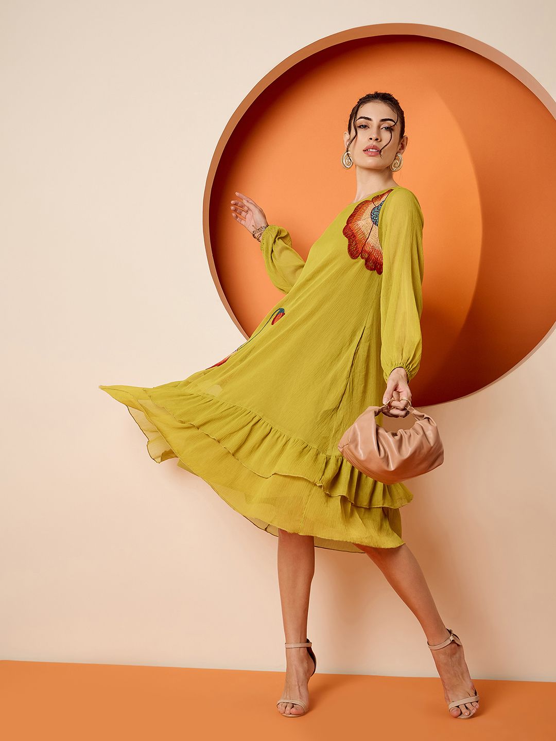 Antheaa Chiffon Embroidered A-Line Knee Length Dress
