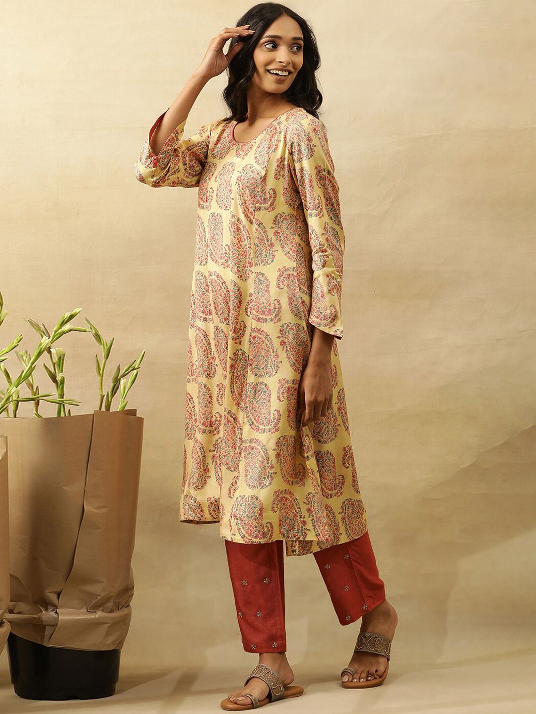 W Ethnic Motifs Printed Flared Sleeves A-Line Kurta