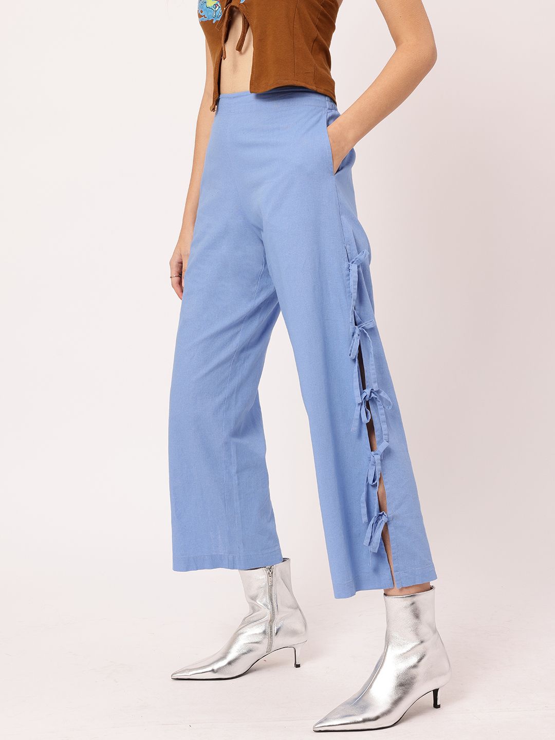 DressBerry Women Cottagecore Chic Bow-Up Cropped Trousers