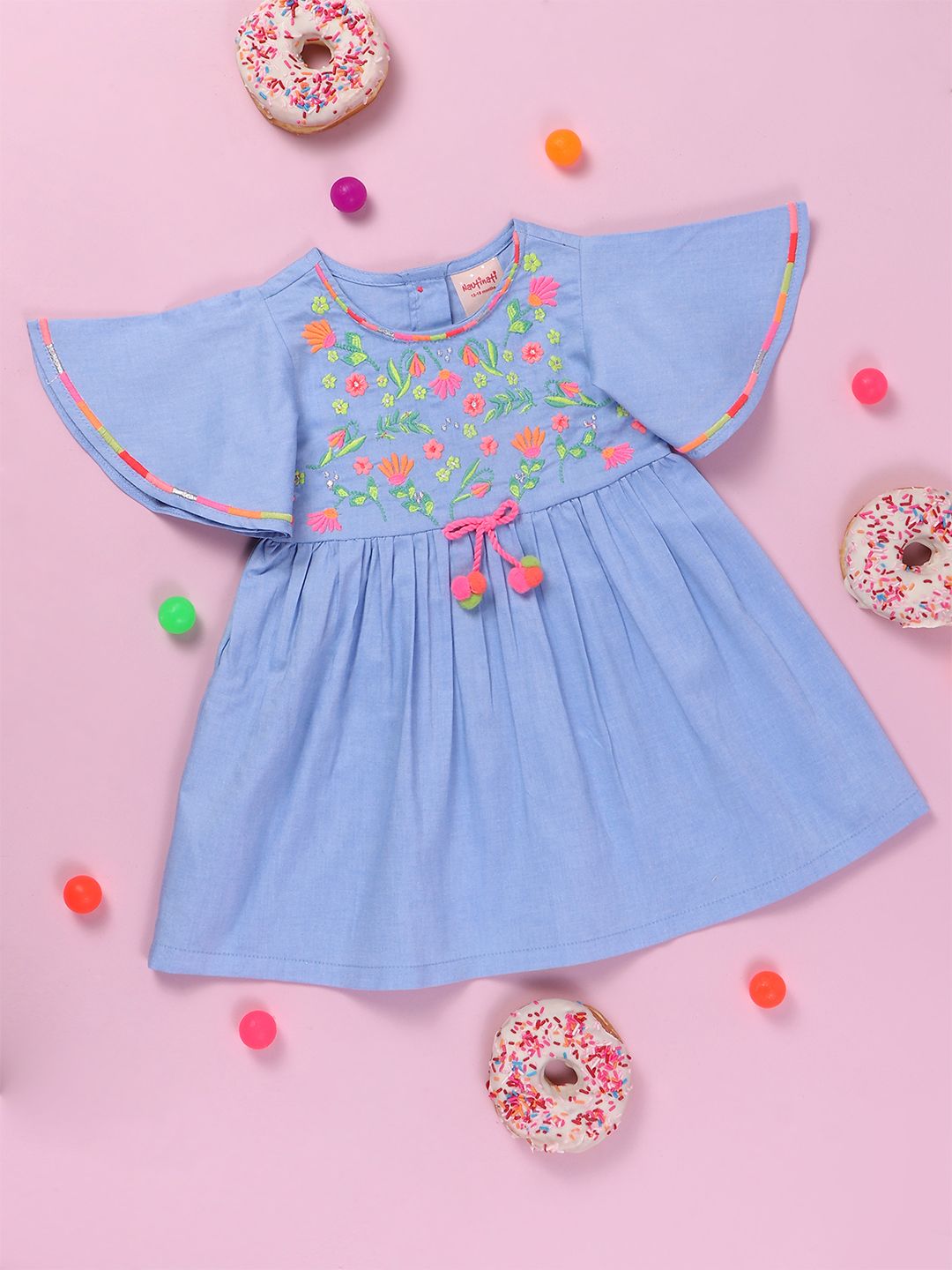 Nauti Nati Girls Blue Floral Embroidered A-Line Dress