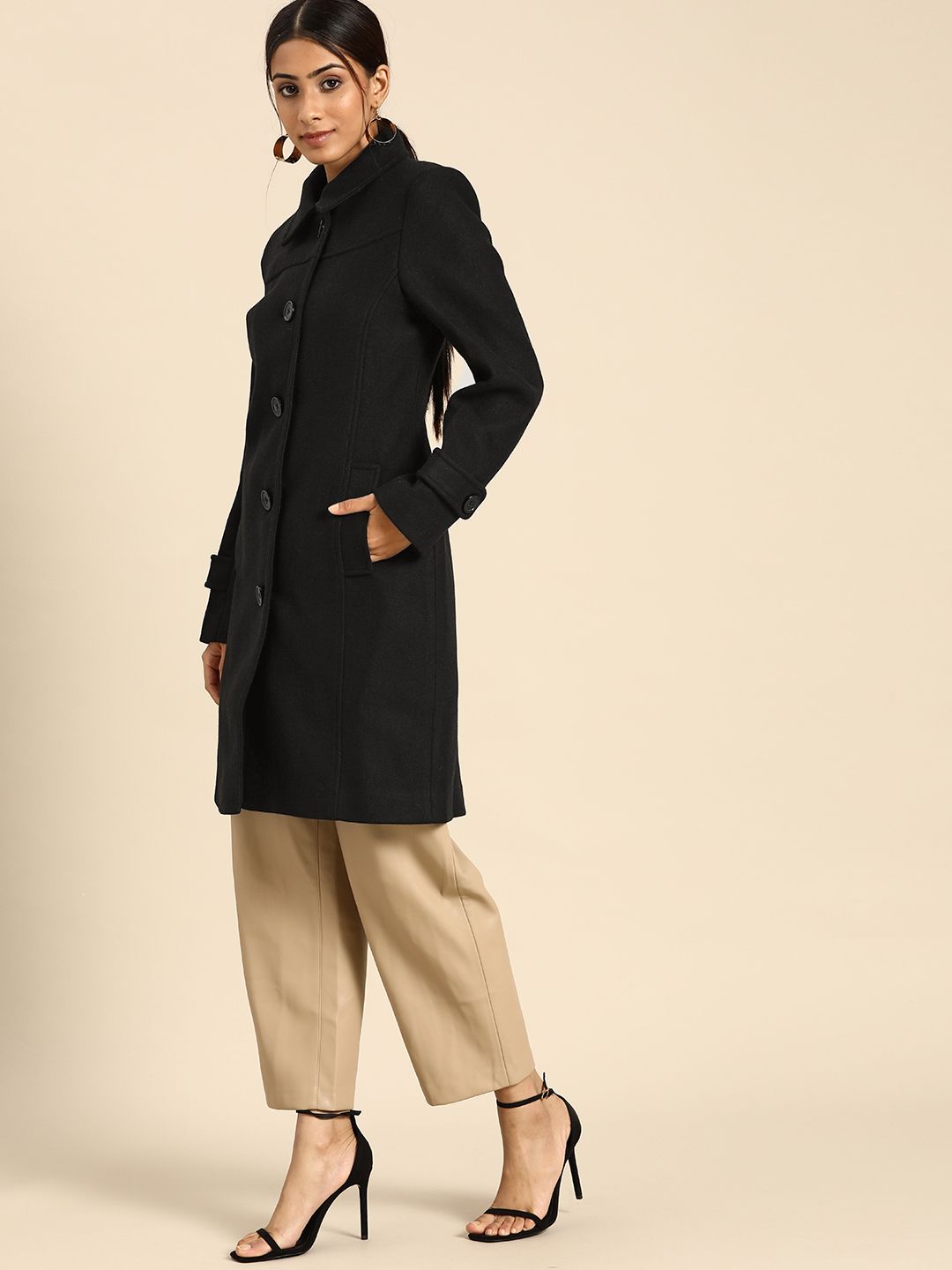 all about you Women Black Solid Longline Overcoat