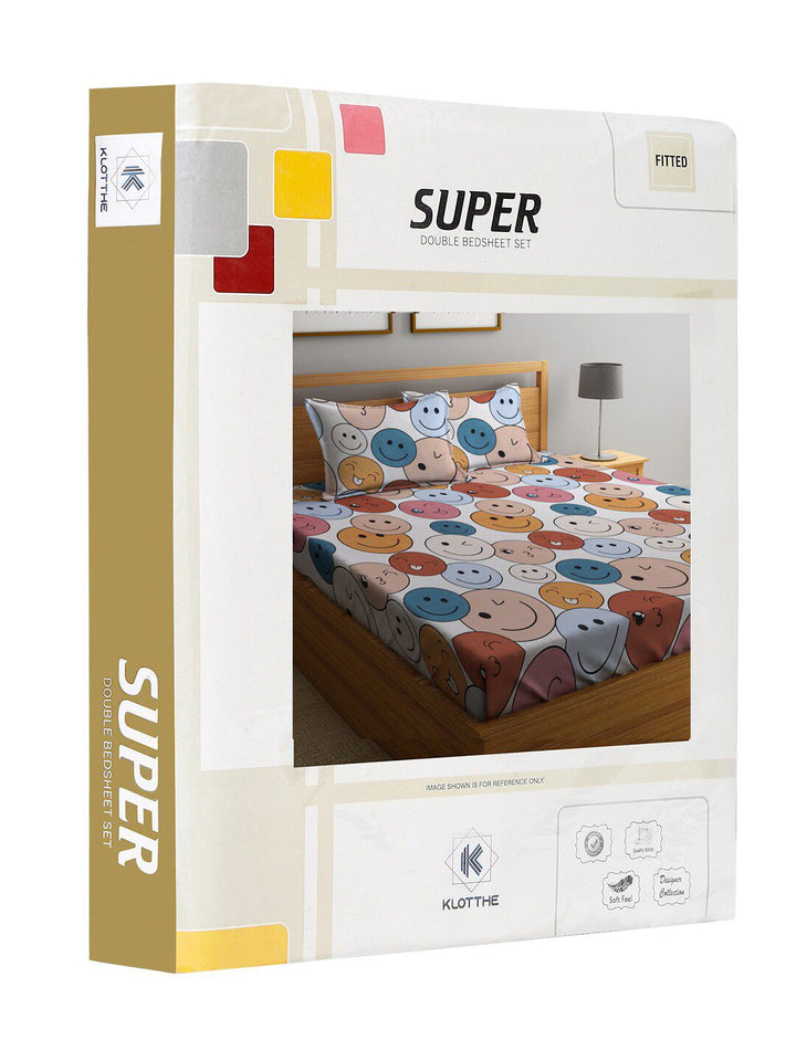 KLOTTHE Off White Cartoon Fitted 300 TC King Fine Bedsheet with 2 Pillow Covers-250X220 cm