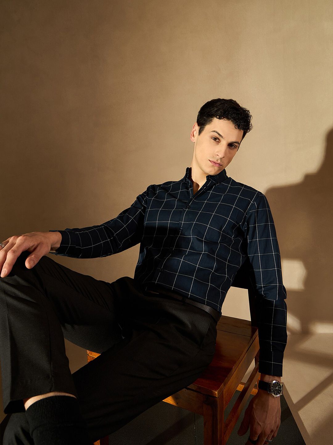DENNISON Windowpane Checked Button-Down Collar Smart Cotton Formal Shirt