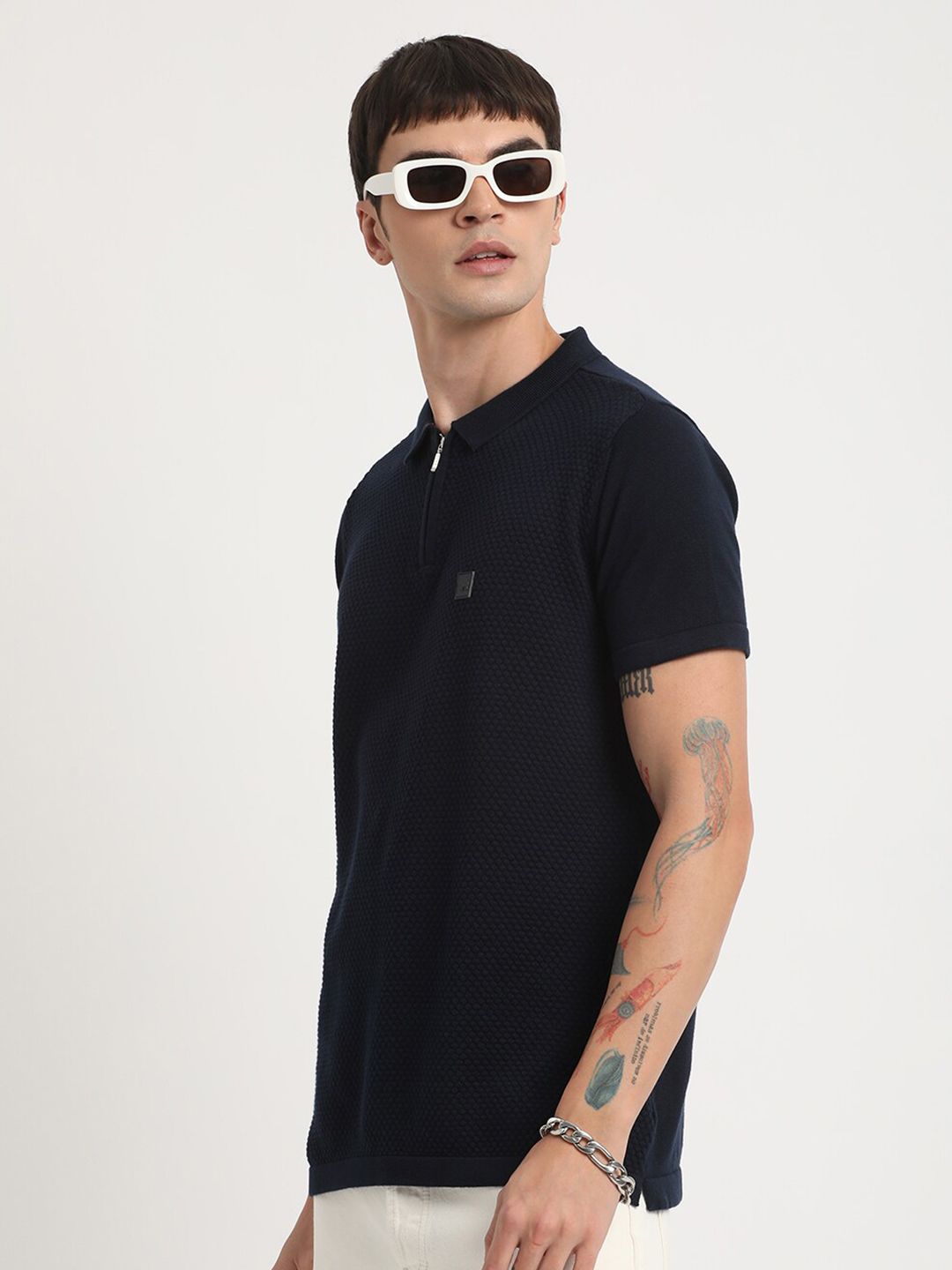 THE BEAR HOUSE Self Design Polo Collar Slim Fit Pure Cotton T-shirt