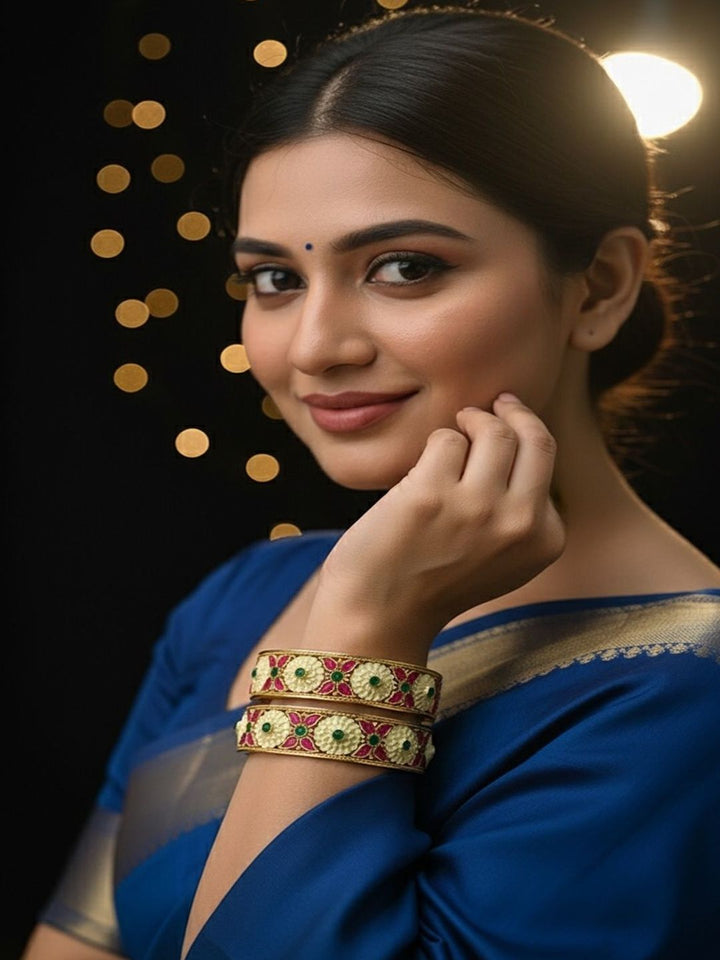 PANASH Set Of 2 24KT Gold-Plated Ruby & Emerald Stones Studded Flower Shaped Bangles
