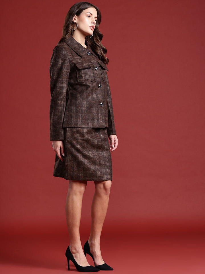 all about you Self Design Checked Blazer with Skirt