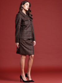 all about you Self Design Checked Blazer with Skirt