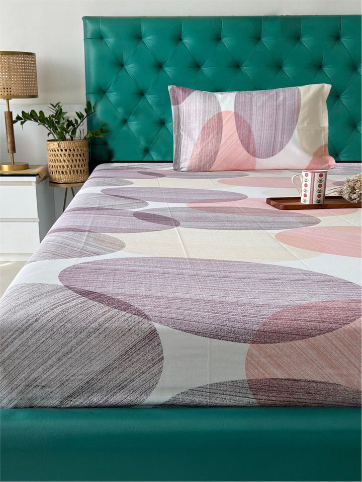URBAN SPACE Serene Pink & Purple Geometric Cotton 200 TC Single Bedsheet & 1 Pillow Cover