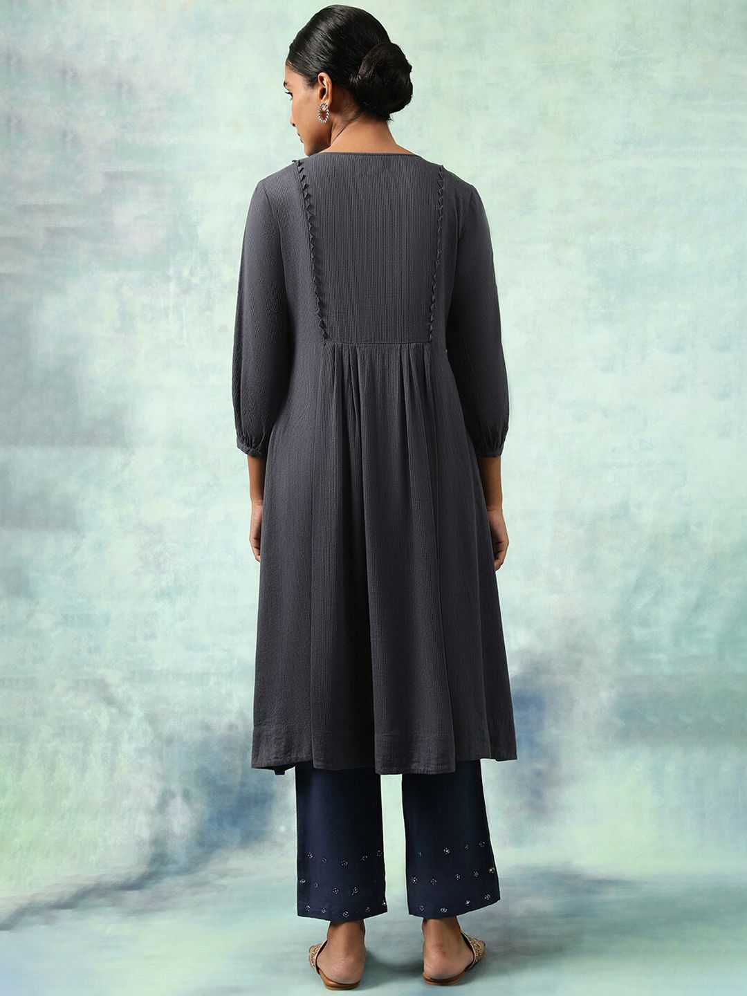 W The Folksong Collection Striped Tie-Up Neck Thread Work A-Line Kurta