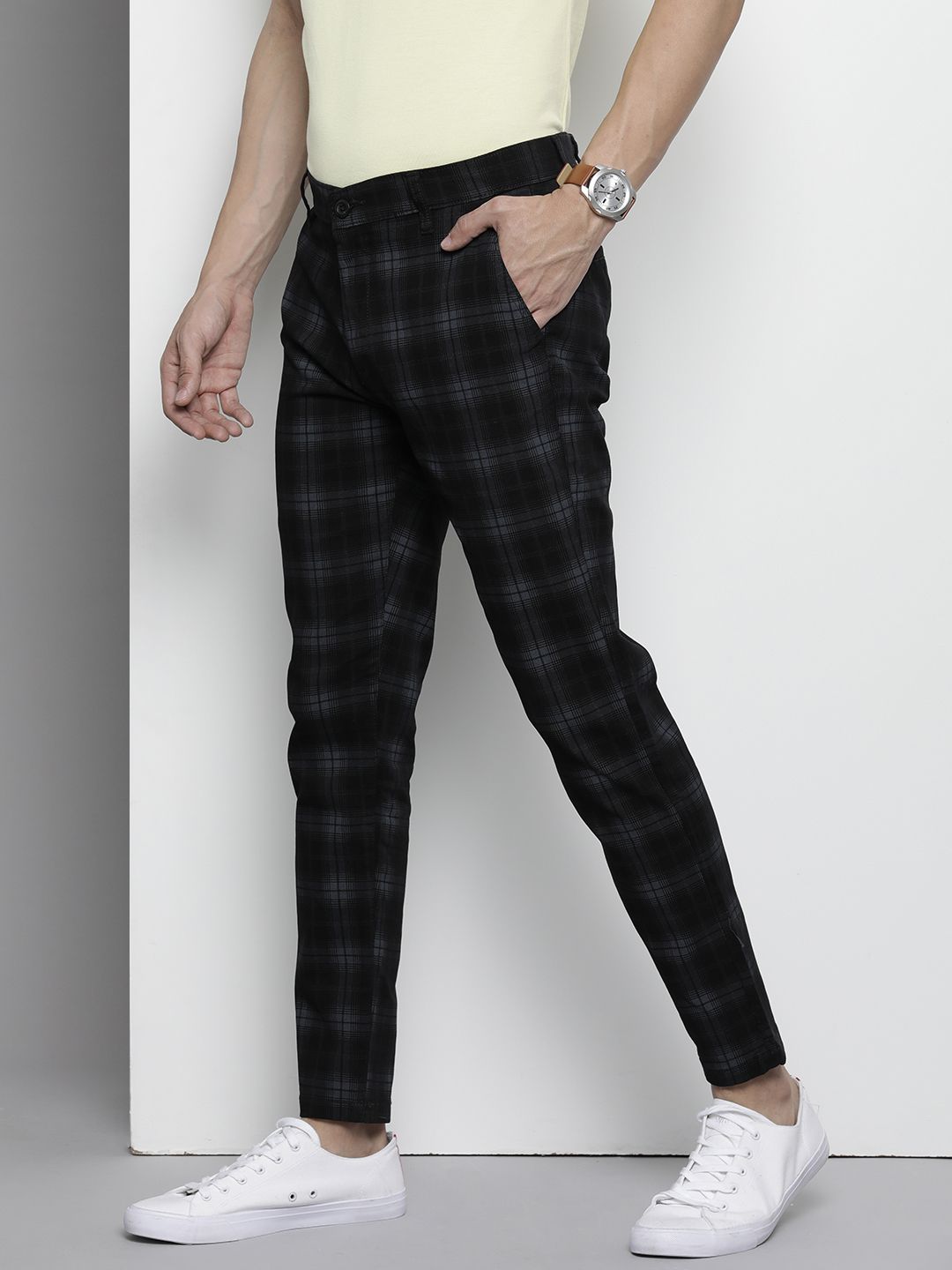 The Indian Garage Co Men Black Checked Slim Fit Trousers