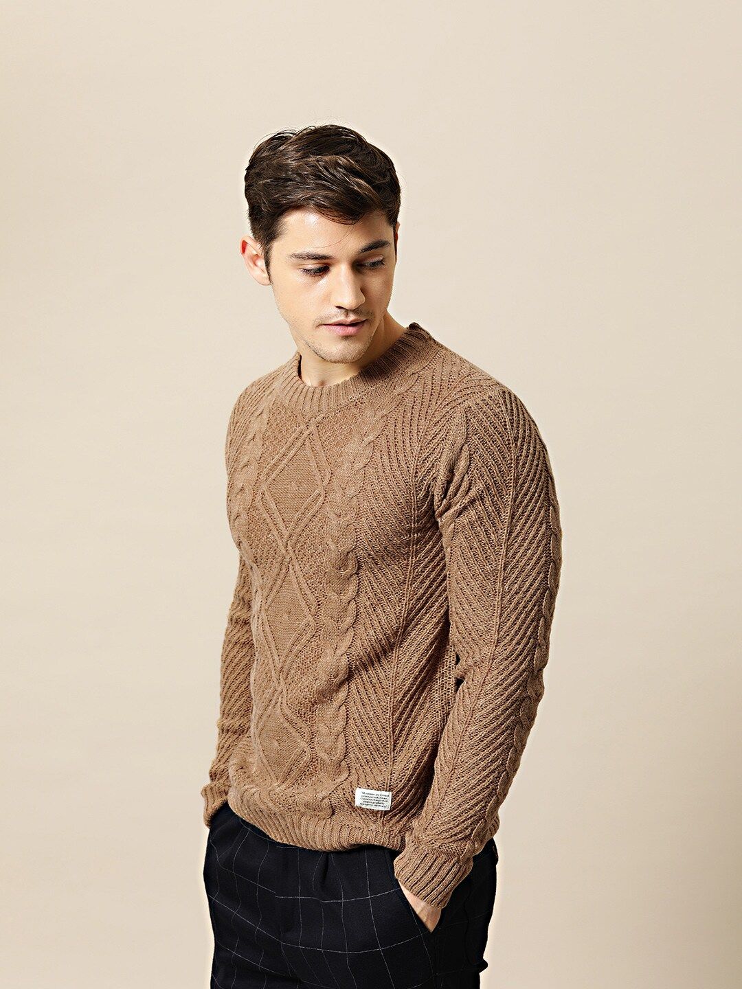 Mr Bowerbird Men Beige Self Design Pullover Sweater