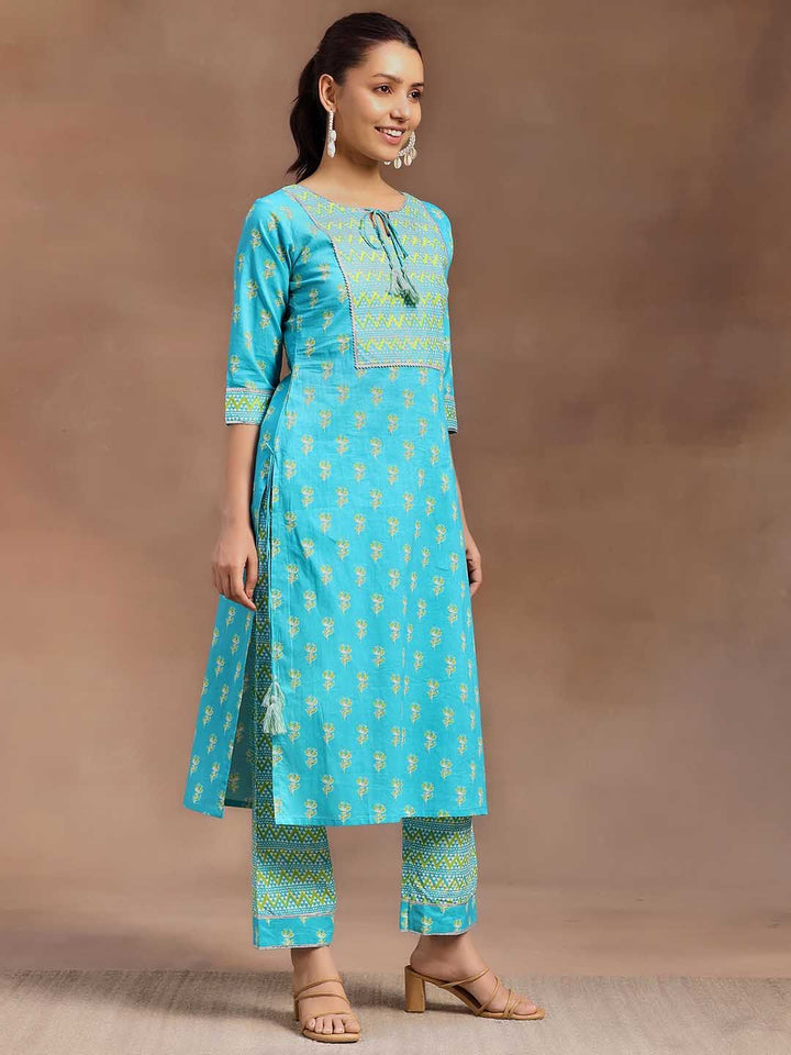 Libas Women Blue Floral Printed Regular Gotta Patti Pure Cotton Kurta with Trousers & With Dupatta