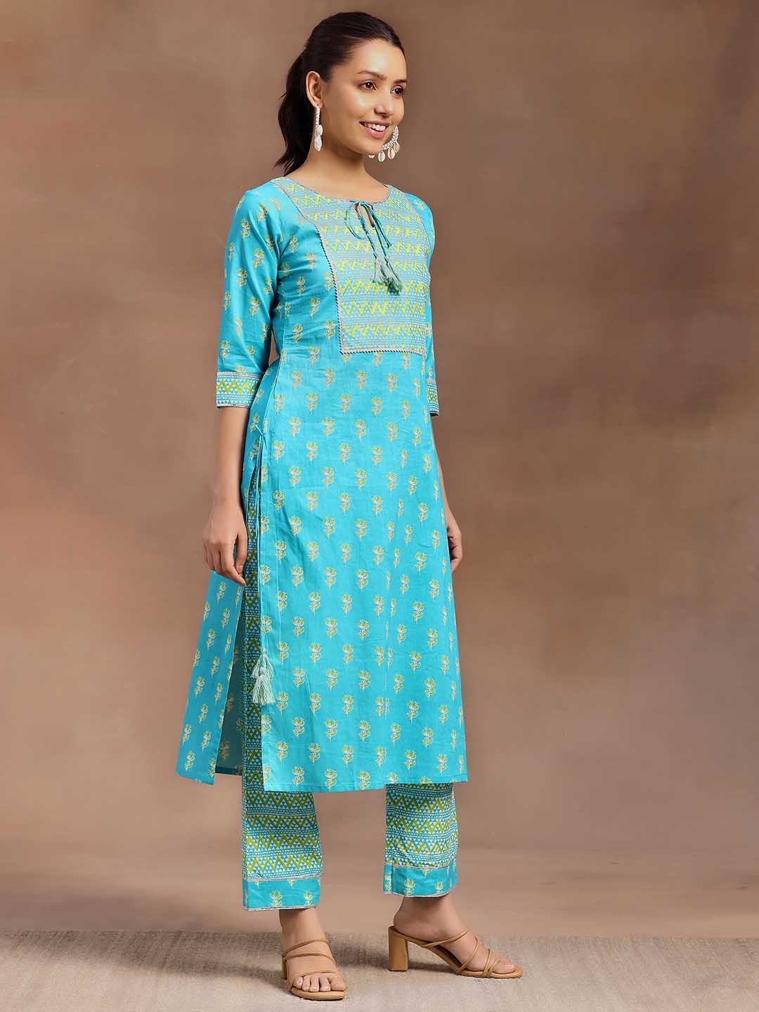 Libas Women Blue Floral Printed Regular Gotta Patti Pure Cotton Kurta with Trousers & With Dupatta