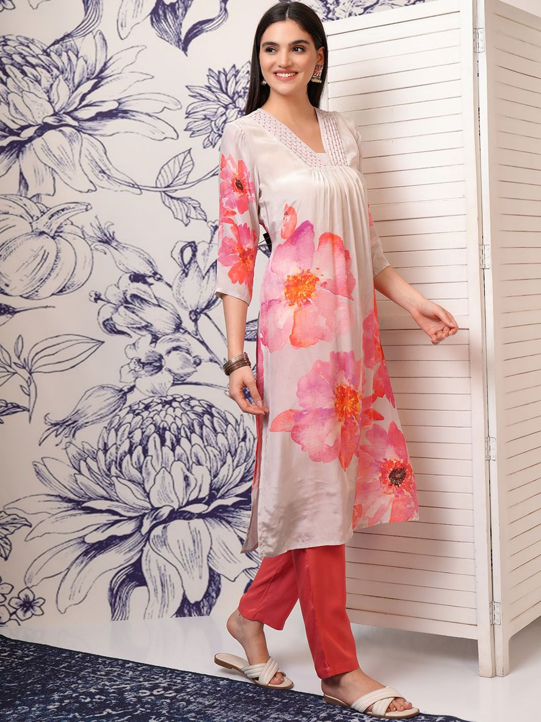 Vishudh Floral Printed Pleated Beads and Stones Kurta with Trouser & Dupatta