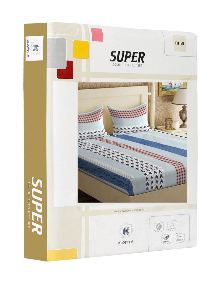 KLOTTHE Lipat Buku Policotton Geometri Biru 300 TC Dilengkapi Cadar King Halus dengan 2 Sarung Bantal-98 x 89 inci