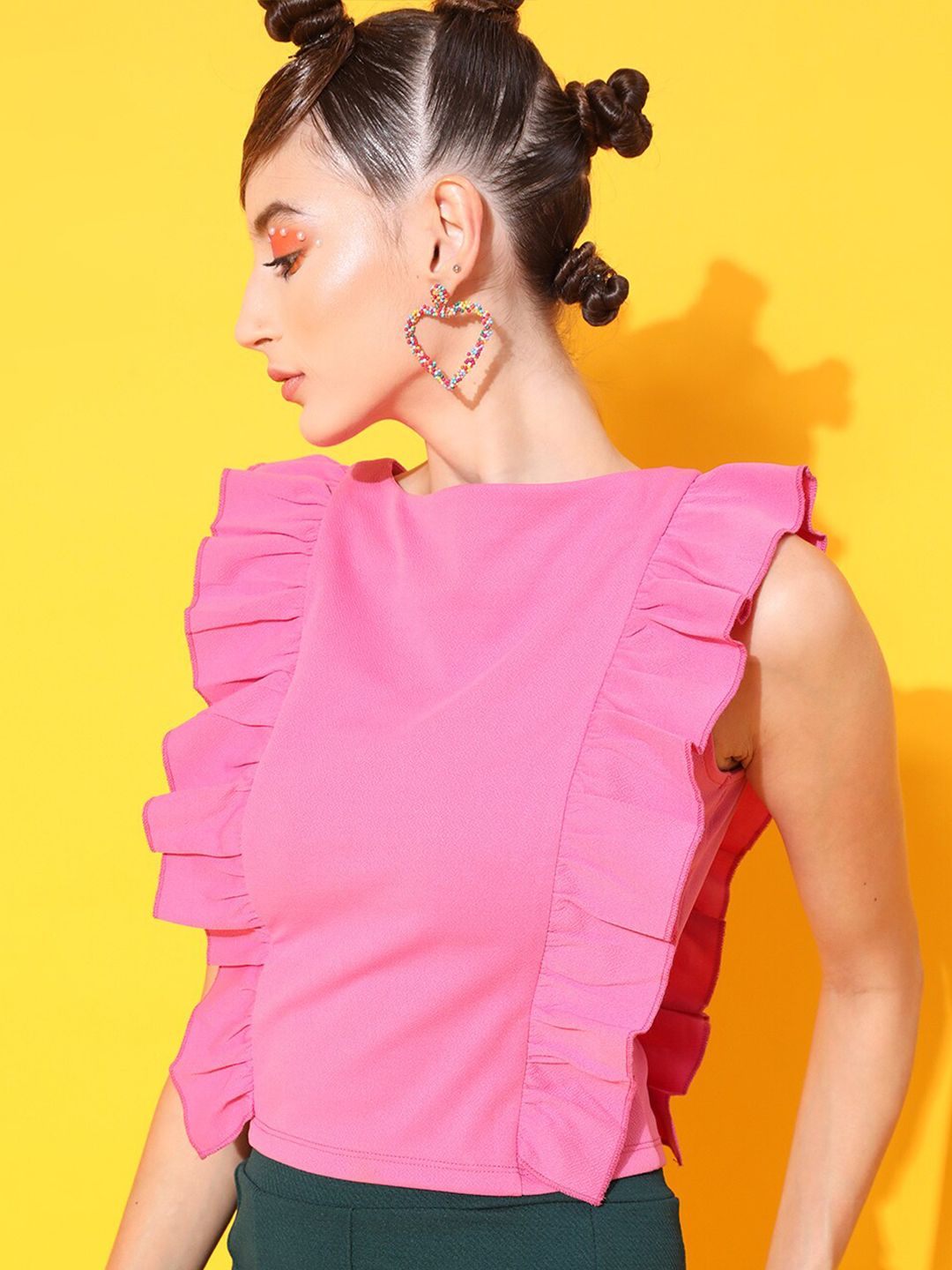 STREET 9 Pink Solid Pleated Round Neck Regular Top