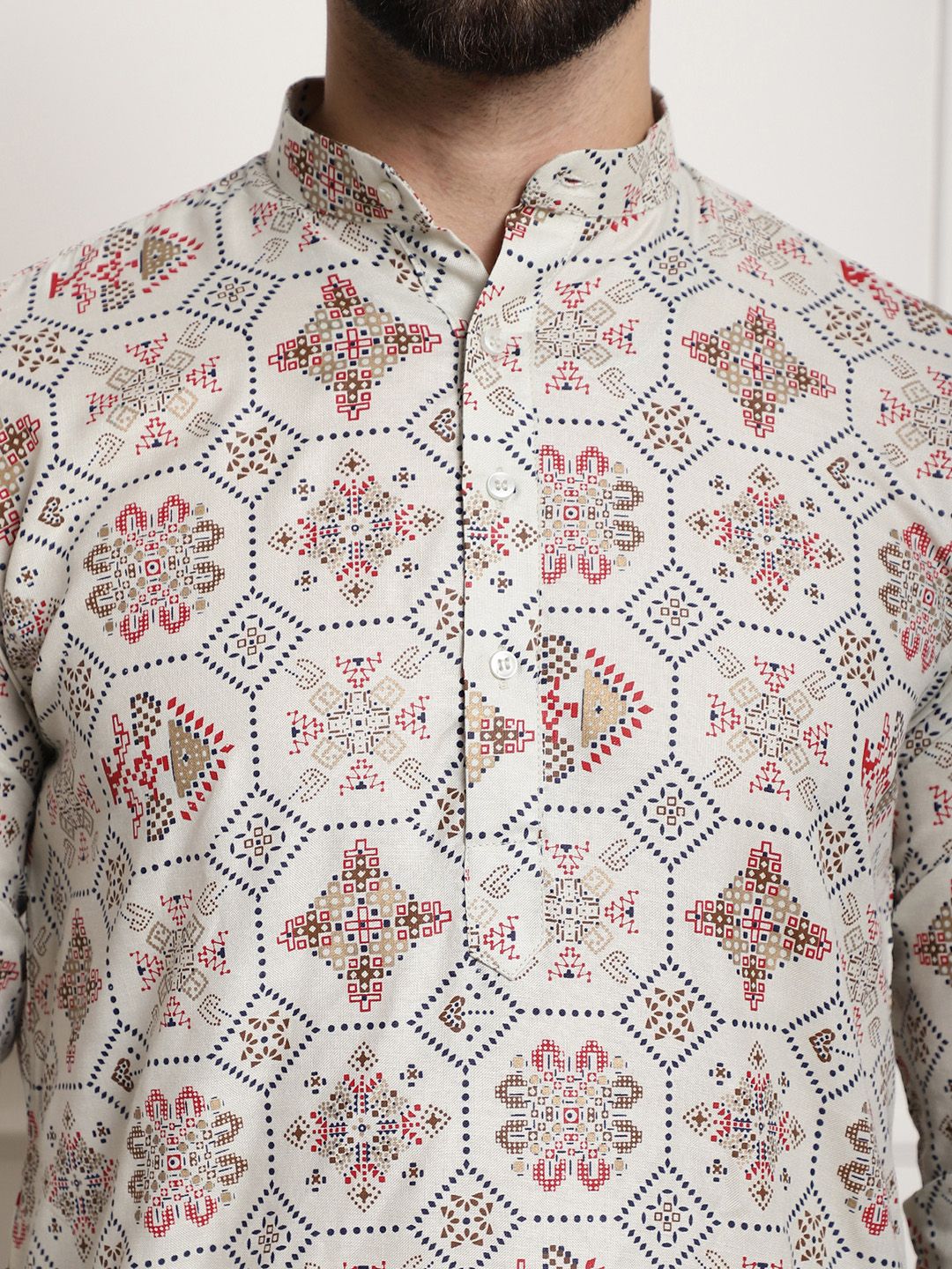 SOJANYA Men Cream-Coloured & Red Ethnic Motifs Printed Kurta