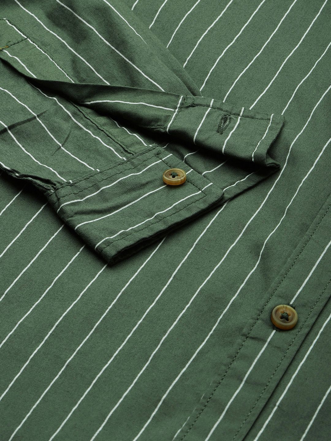 The Indian Garage Co Men Green & White Striped Cotton Casual Shirt