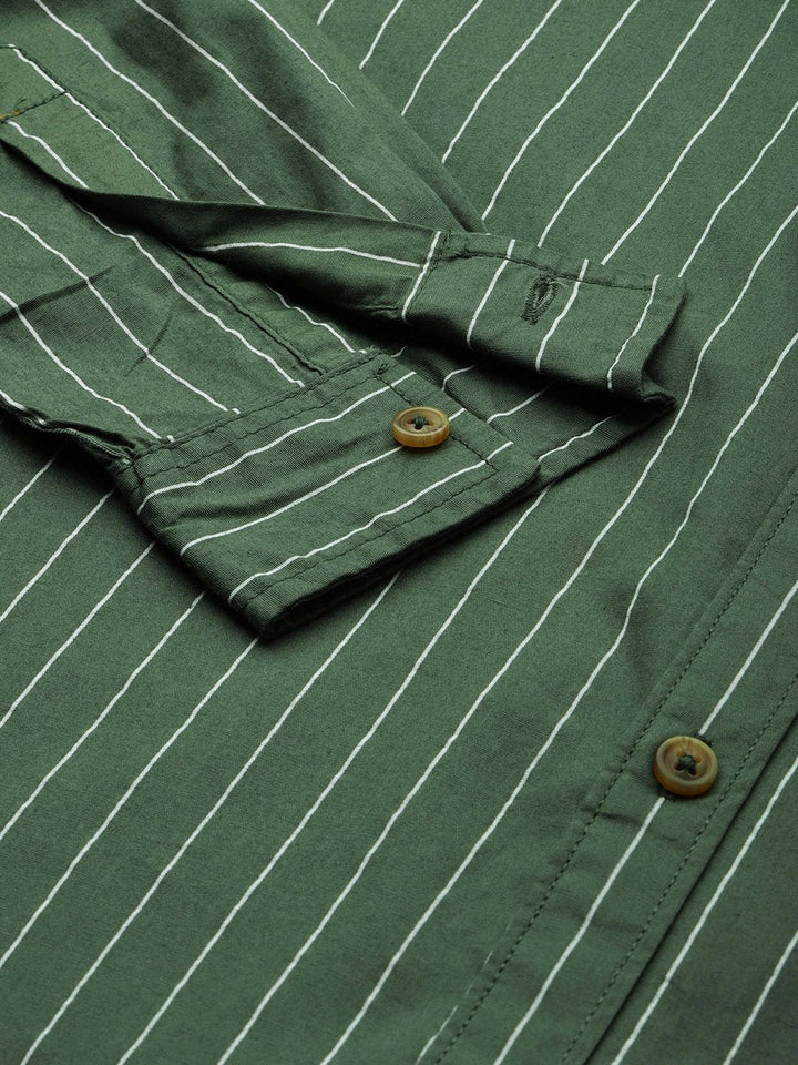 The Indian Garage Co Men Green & White Striped Cotton Casual Shirt