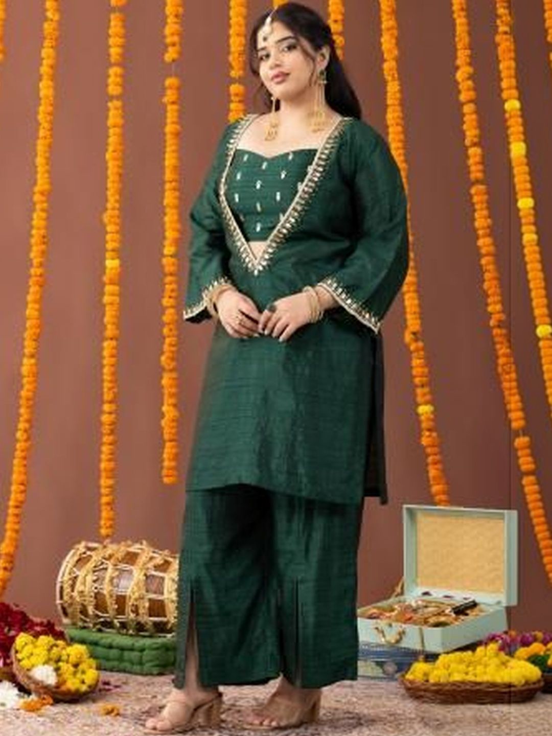 Mamicha Embroidered V-Neck Top & Palazzos Co-Ords