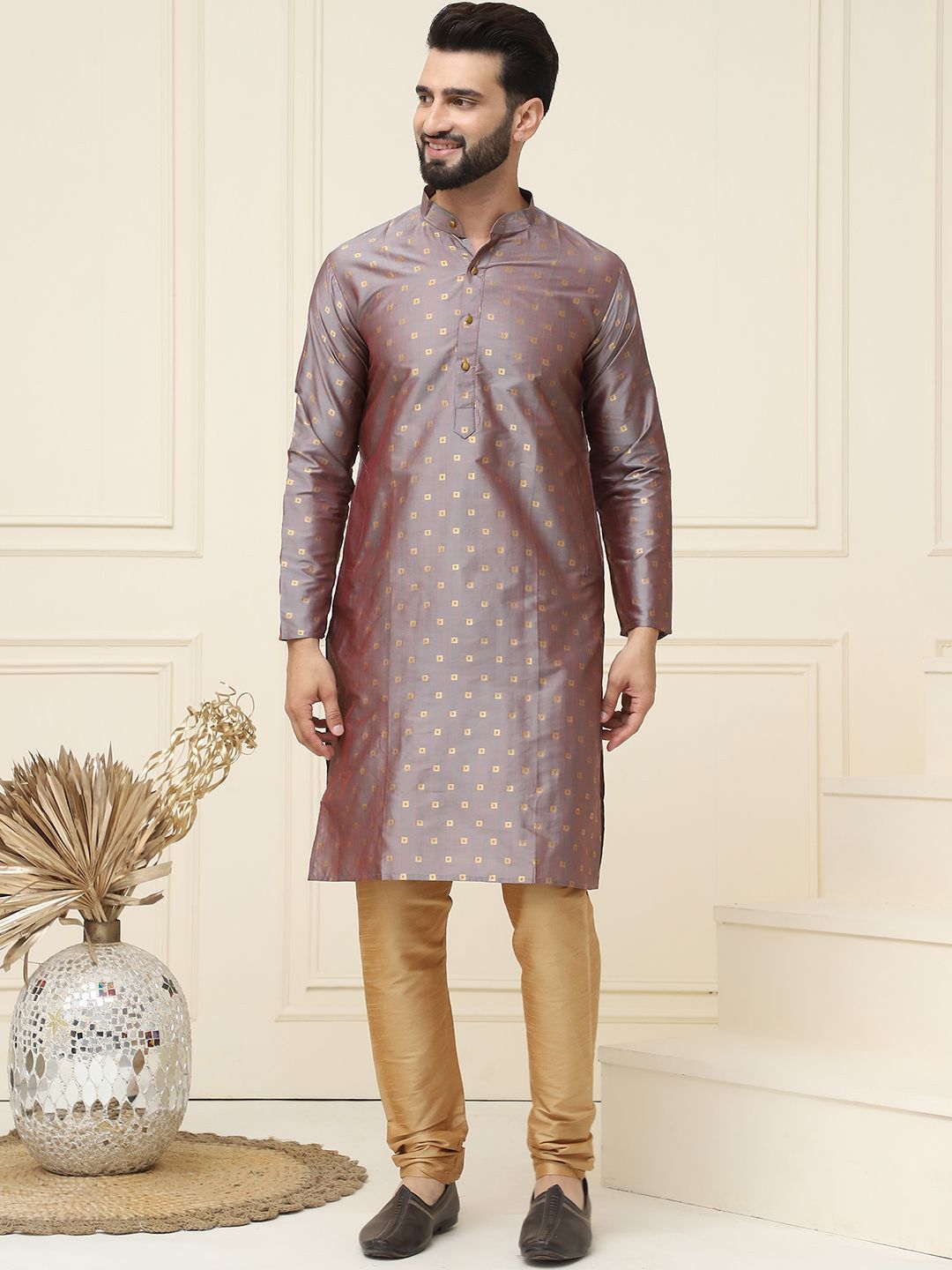 SOJANYA Kurta Kolar Mandarin Rekaan Tenun Geometrik dengan Churidar