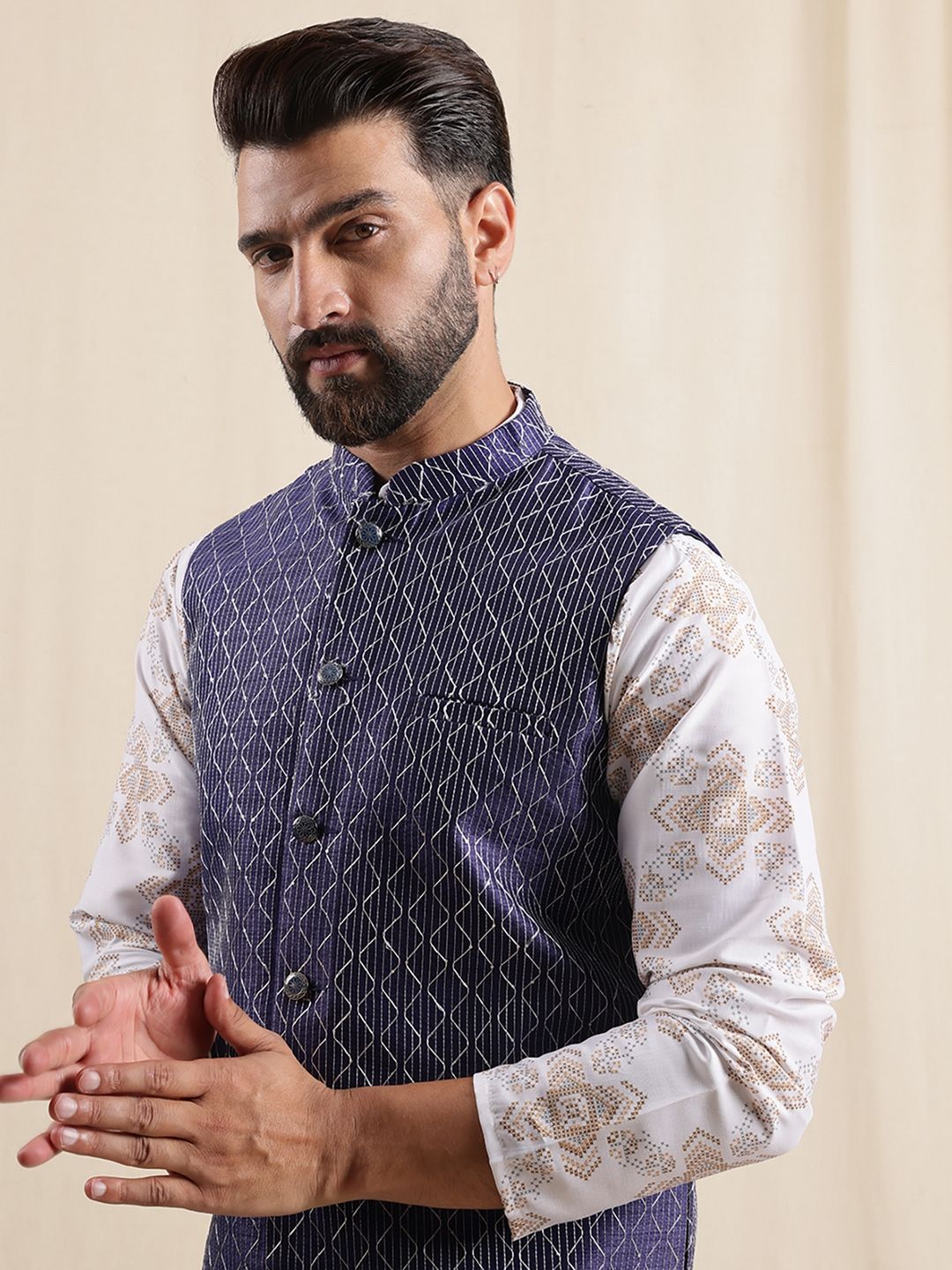 Anouk Men Printed Mandarin Collar Kurta Sets With Nehru jacket