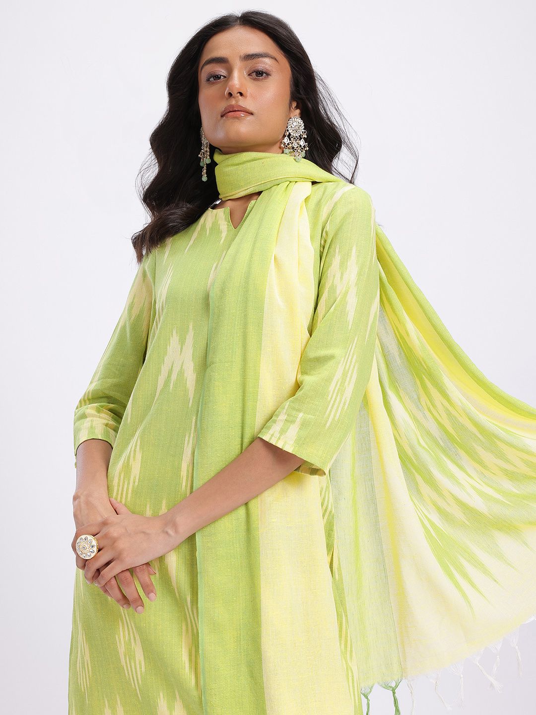 Anouk Ikat Print Regular Pure Cotton Kurta with Trousers & Dupatta