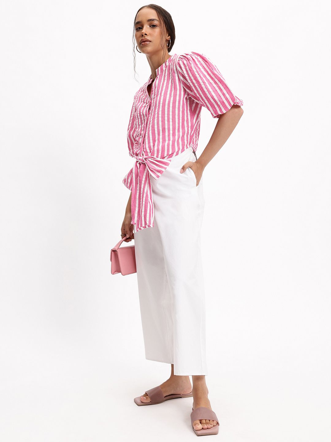 DressBerry Preppy Perfect Stripes Knotted Cotton Shirt Style Top