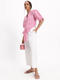 DressBerry Preppy Perfect Stripes Knotted Cotton Shirt Style Top