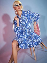 SASSAFRAS Blue Ethnic Motifs Printed Flared Mini Fit & Flare Dress