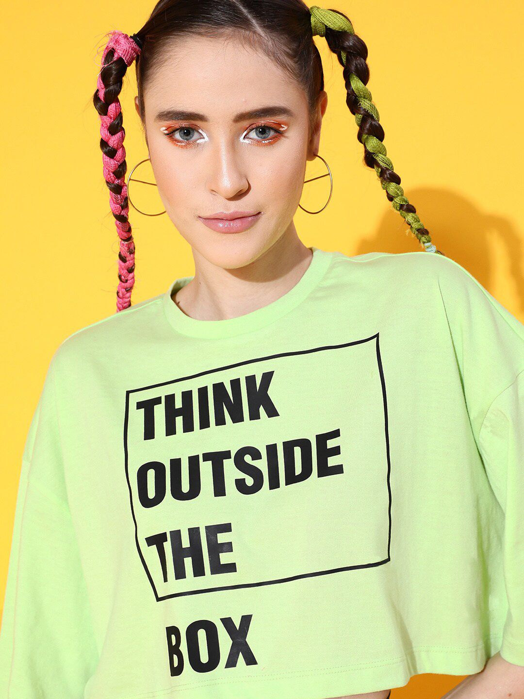 STREET 9 Women Green Printed Cotton Drop-Shoulder Sleeves Boxy T-shirt