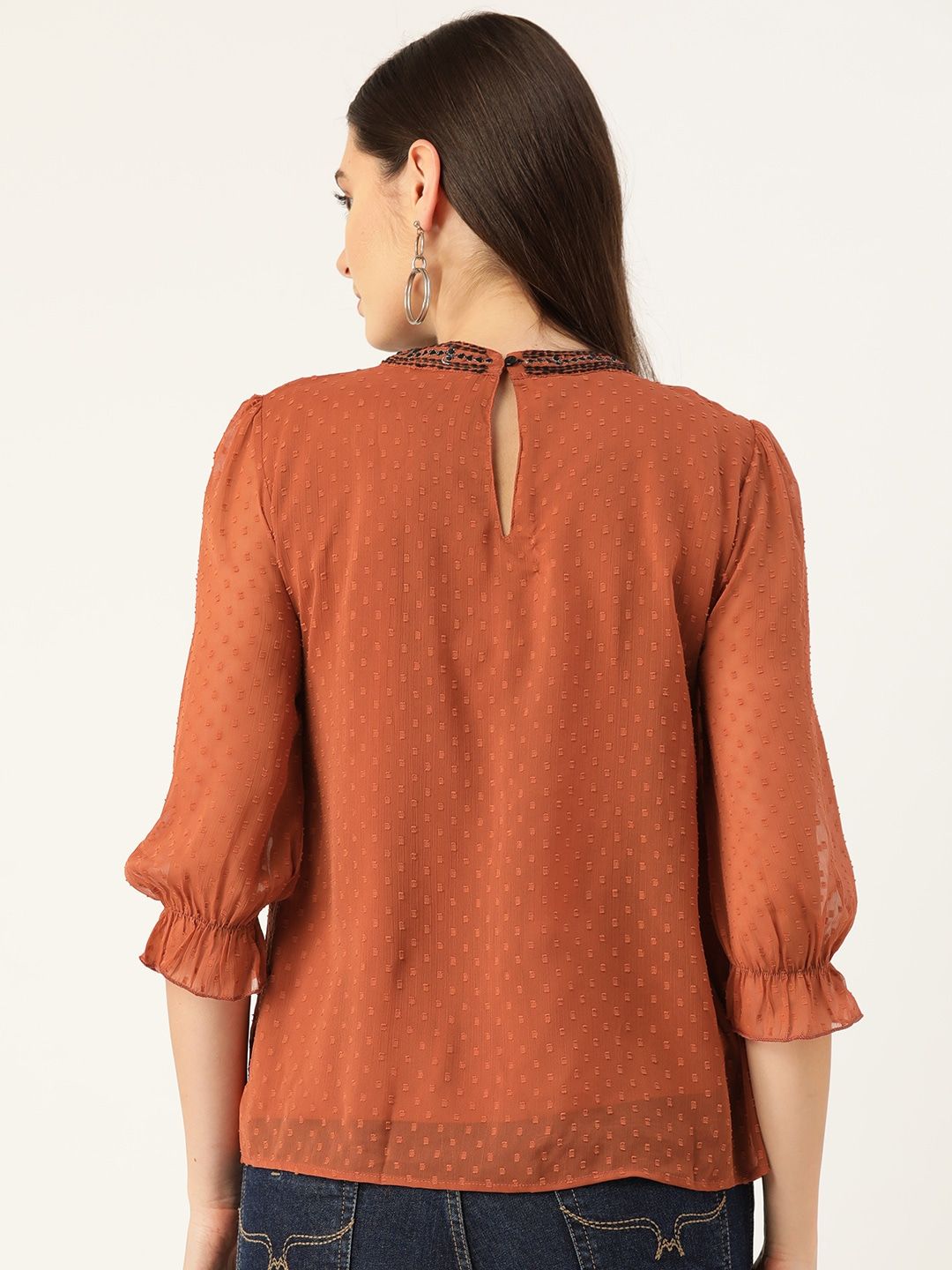 Antheaa Women Rust Brown & Black Embroidered Dobby Weave A-Line Top