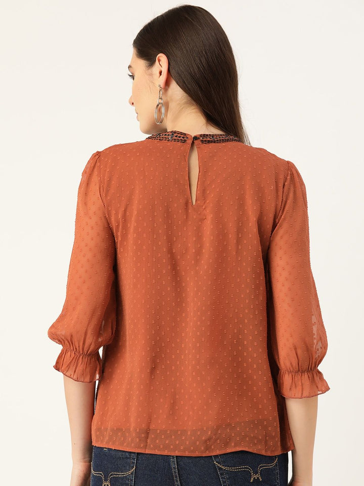 Antheaa Women Rust Brown & Black Embroidered Dobby Weave A-Line Top