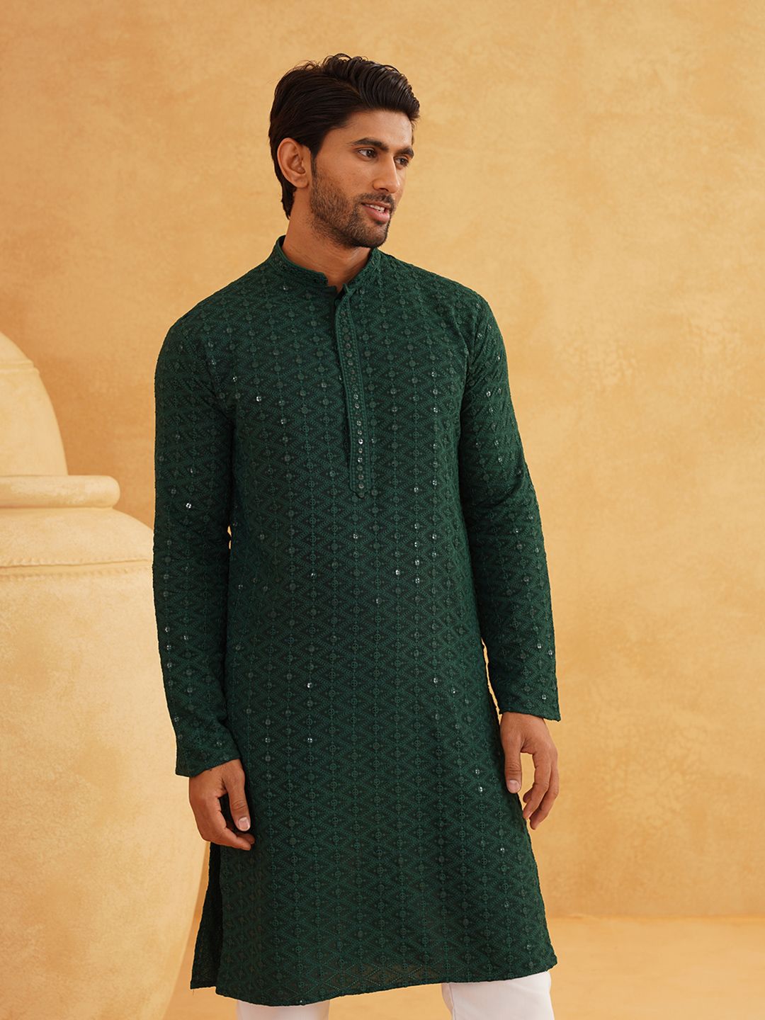 SOJANYA Ethnic Motifs Embroidered Mirror Work Pure Cotton Kurta with Churidar