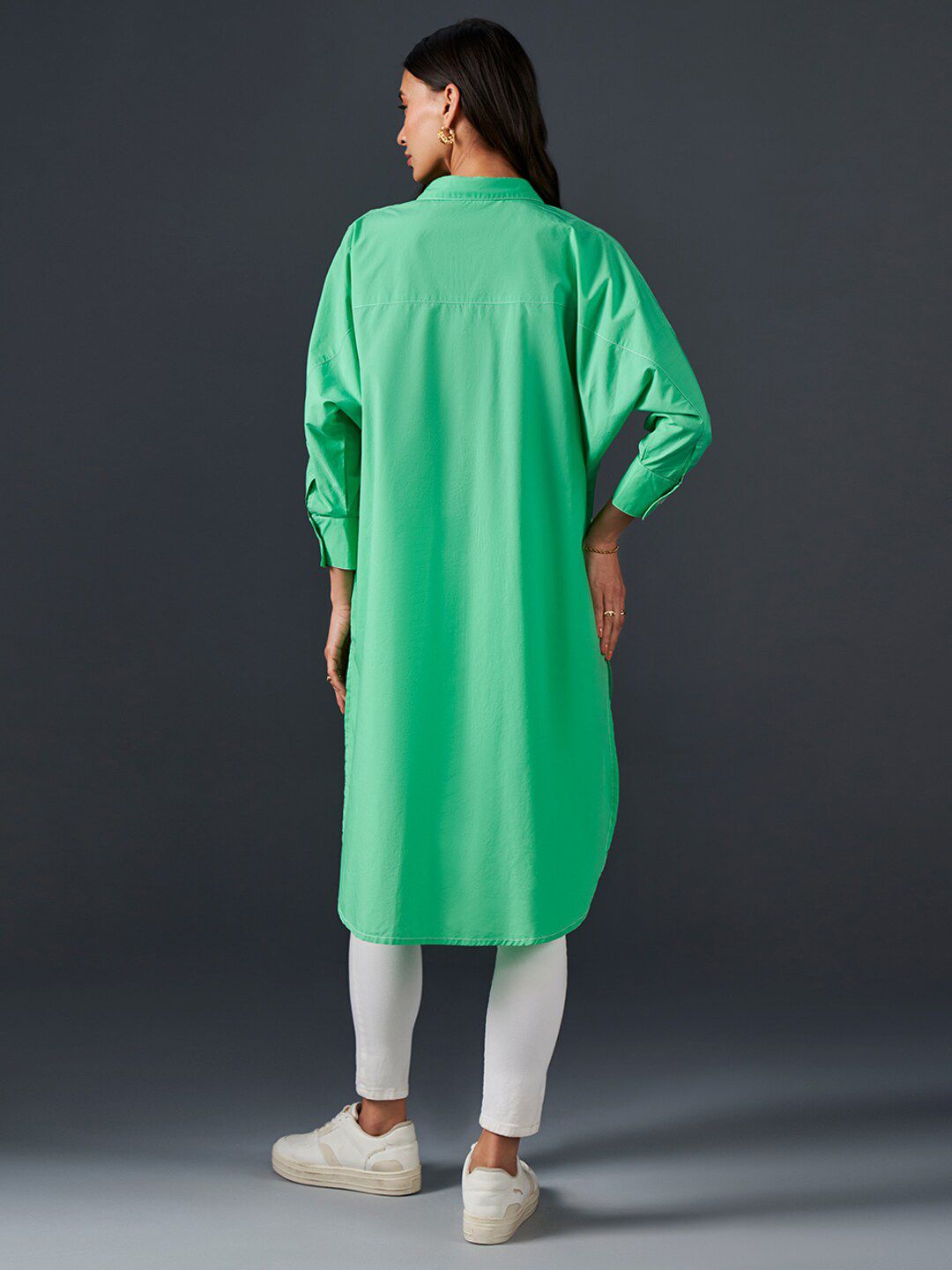 AND Spread Collar Cuff Sleeves Shirt Style Longline Cotton Top