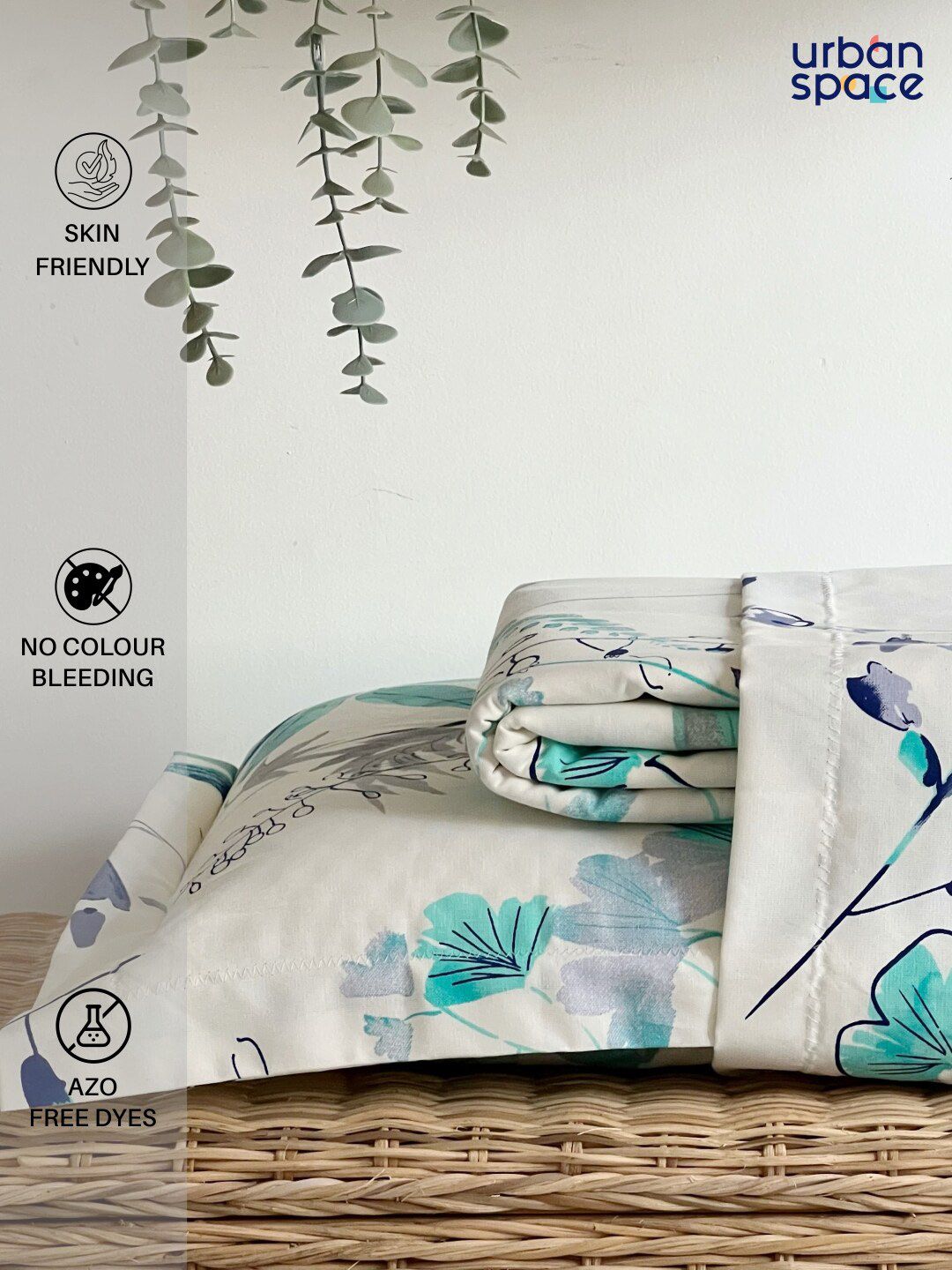 URBAN SPACE Serene Turquoise Blue Floral Cotton 200 TC Single Bedsheet & 1 Pillow Cover