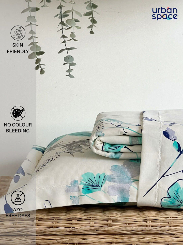 URBAN SPACE Serene Turquoise Blue Floral Cotton 200 TC Single Bedsheet & 1 Pillow Cover